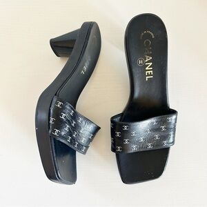 Chanel Y2K Vintage CC Logo Black Leather Slide Mules Heels Size EU 37